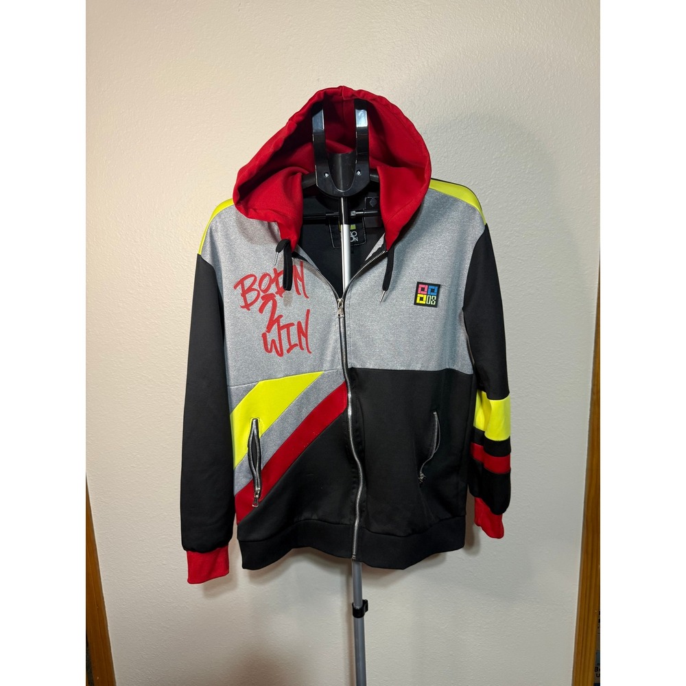 Demolition Mens Born 2‎ Win Full Zip Hoodie Colorblock Black Grey Red Yellow M